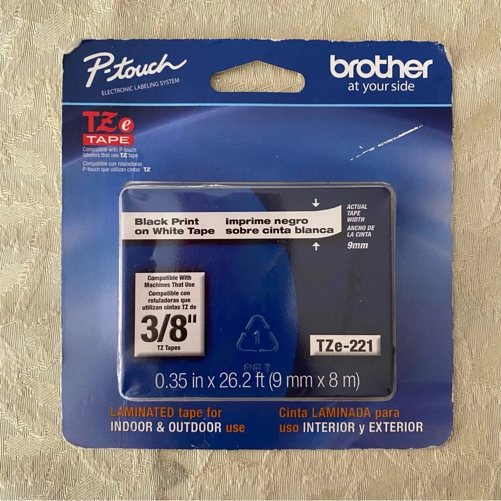 Brother P-Touch TZe-221 Laminated Tape for Indoor/Outdoor Black on White Paper